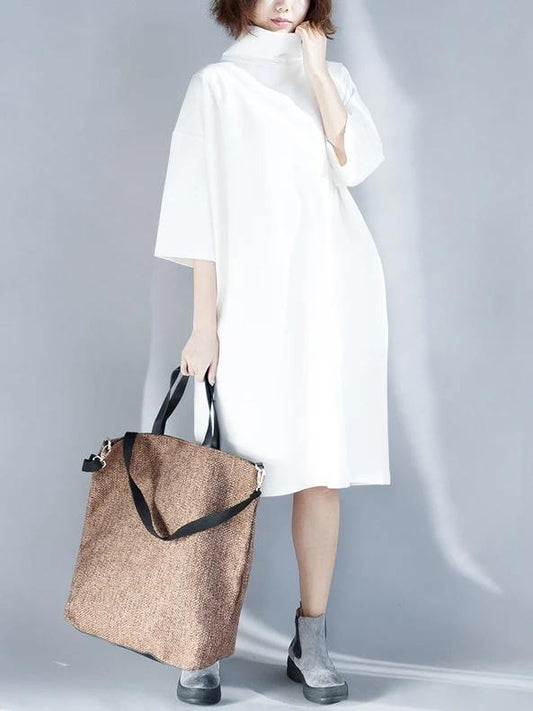 Simple White Cotton Tunic Dress High Neck Half Sleeve Oversized Dress