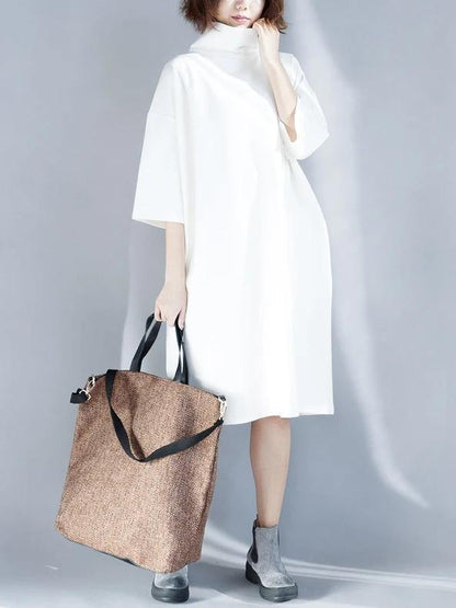 Simple White Cotton Tunic Dress High Neck Half Sleeve Oversized Dress