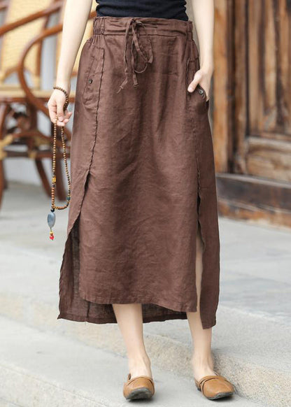 Brown Elastic Waist Tie Waist Asymmetrical Pockets Linen Skirt Spring