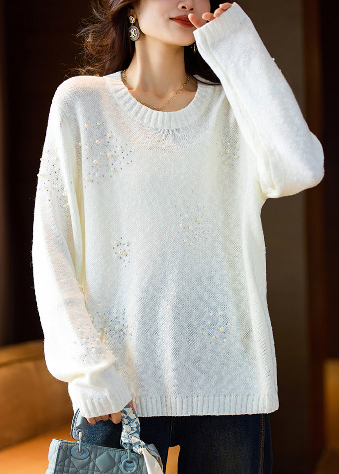 White O Neck Pearl Zircon Knit Sweater Spring