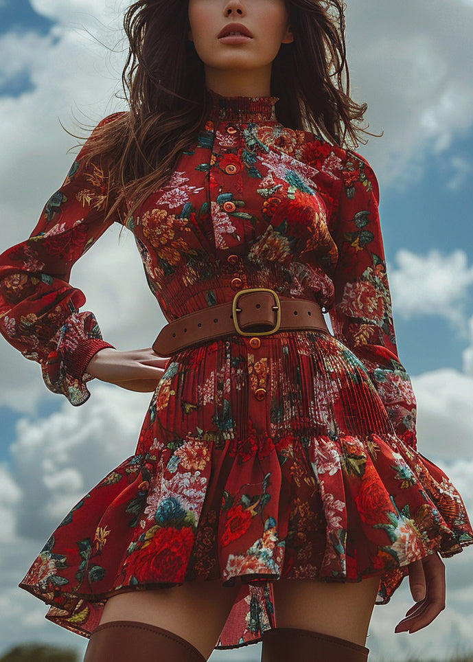 Red Ruffled Print Button Cotton Mini Dress Long Sleeve