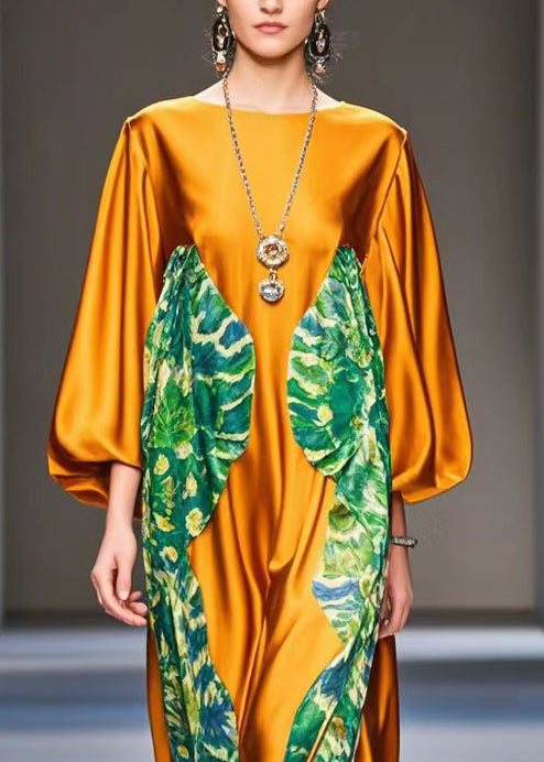 Italian Caramel Oversized Patchwork Print Silk Dress Spring