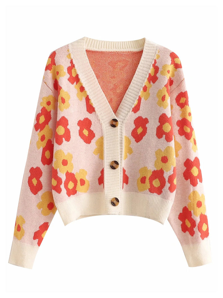 V-neck Button Flower Jacquard Loose Thin Knitted Cardigan Top