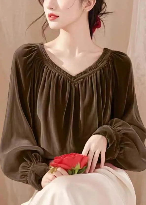 Simple Coffee V Neck Wrinkled Silk Velour Shirt Spring