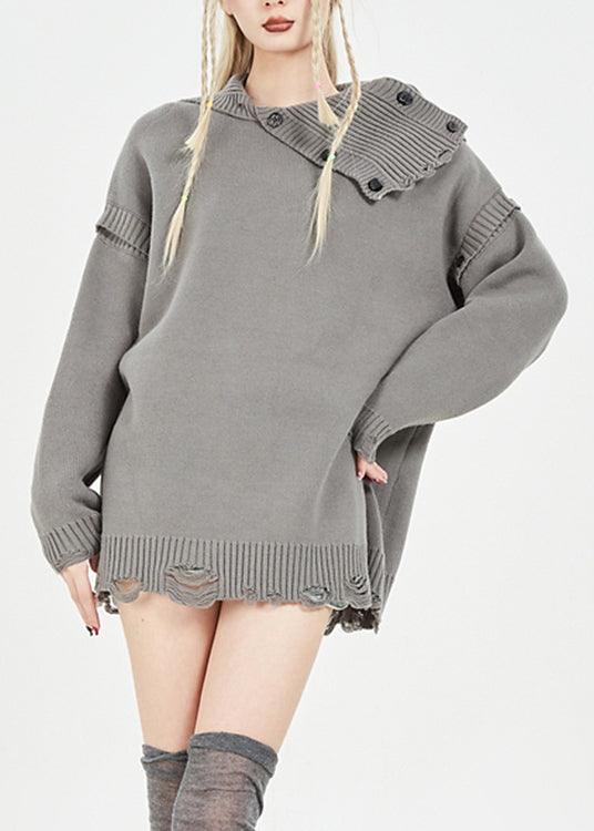Grey Peter Pan Collar Asymmetrical Cozy Button Thick Knit Sweater Fall