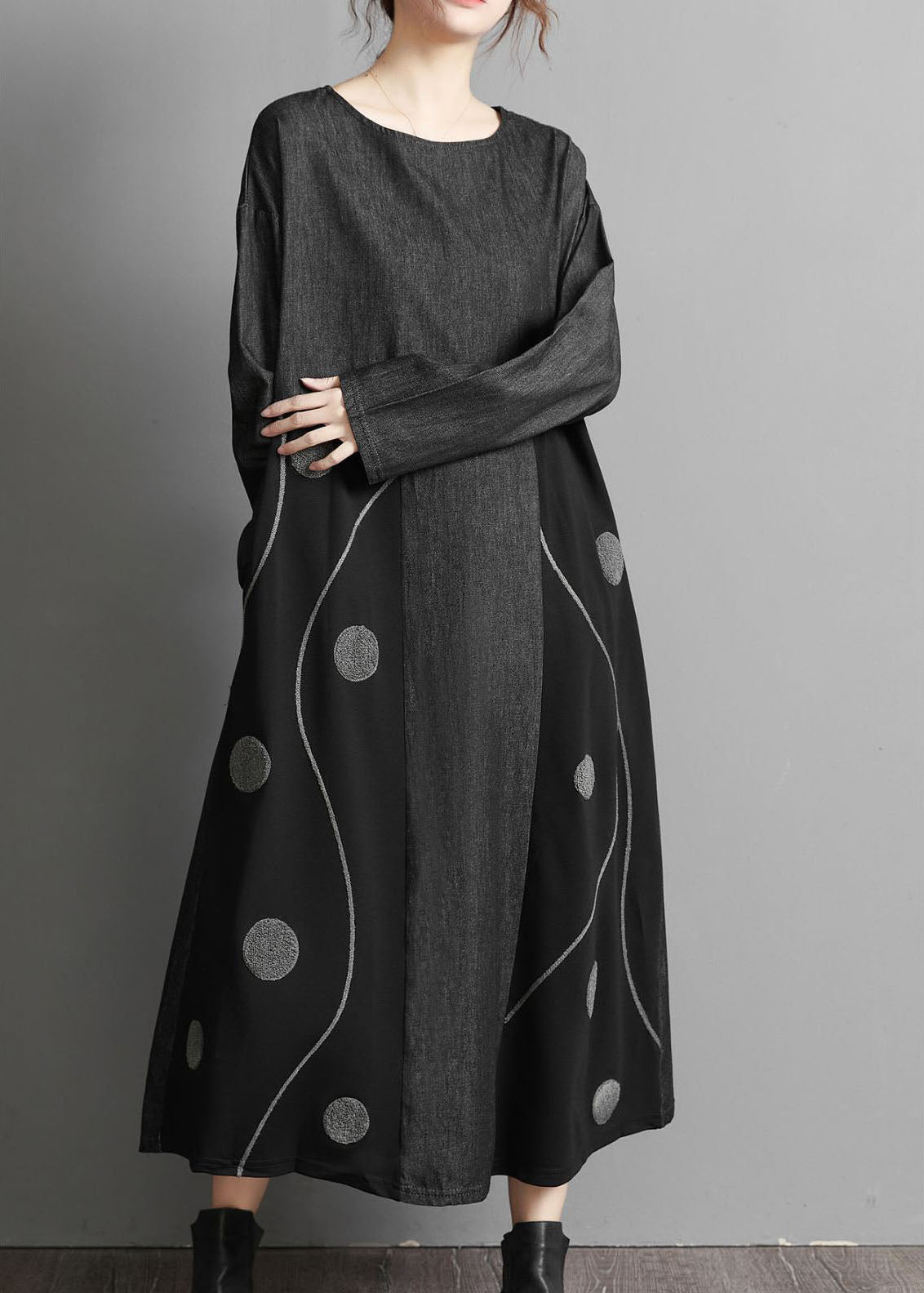 Black Pockets Patchwork Denim Maxi Dresses Embroideried