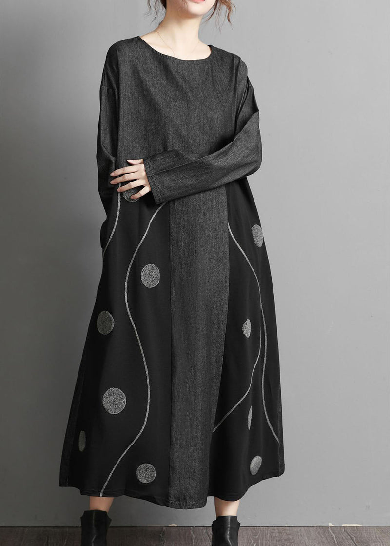 Black Pockets Patchwork Denim Maxi Dresses Embroideried