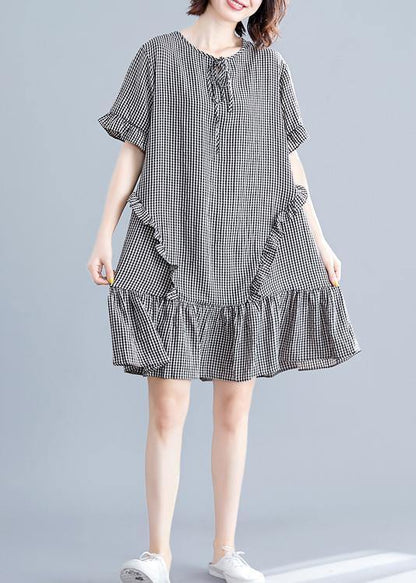 French Black Plaid Cotton Quilting Dresses O Neck Ruffles Cotton Dress