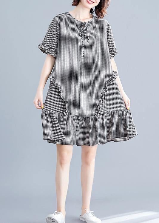 French Black Plaid Cotton Quilting Dresses O Neck Ruffles Cotton Dress