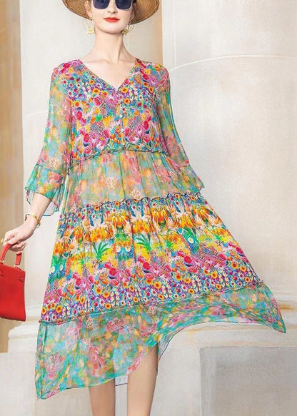 Colorblock V Neck Print Patchwork Chiffon Dresses Bracelet Sleeve