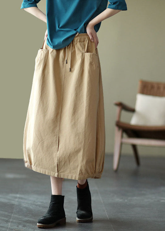 Khaki Elastic Waist Pockets Open Fall Skirts