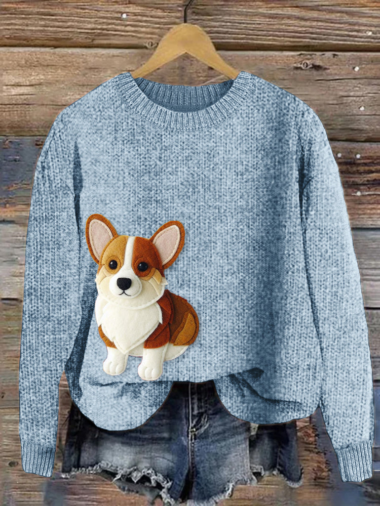 Comstylish Cute Corgi Dog Felt Art Cozy Knit Sweater