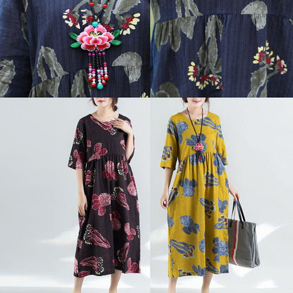 100% Yellow Prints Linen Dress Catwalk High Waist Summer Dresses
