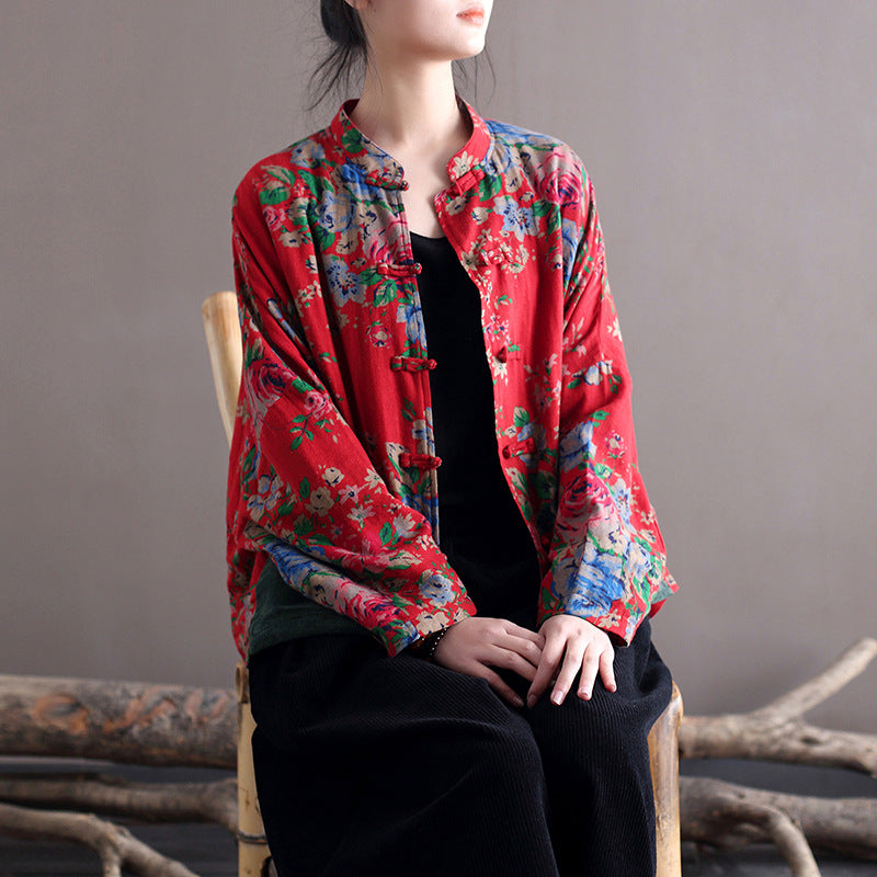 Blouse Stand Collar Large Flower Long-sleeved Jacket