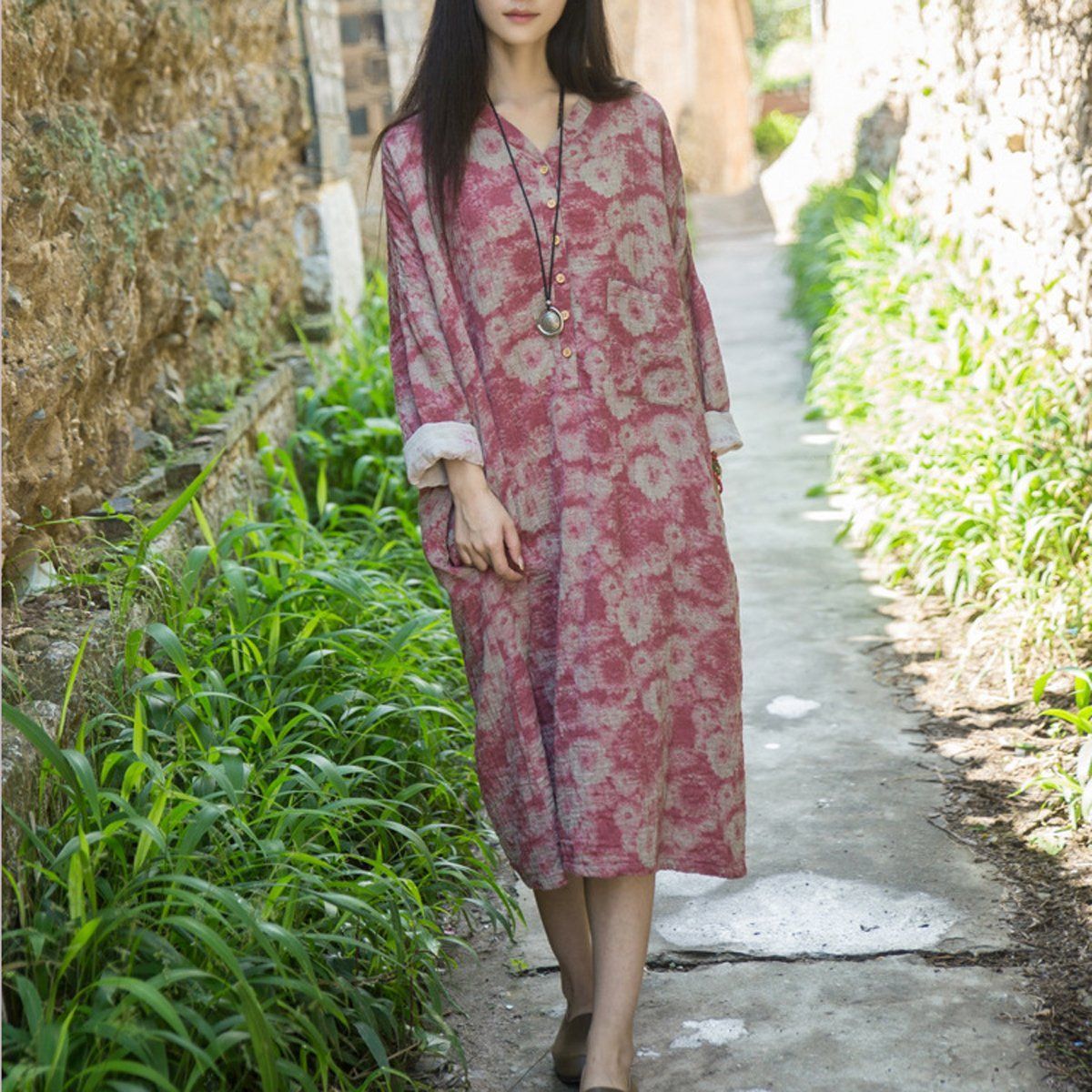 Cotton Linen Loose Fitting Dress Red / Blue