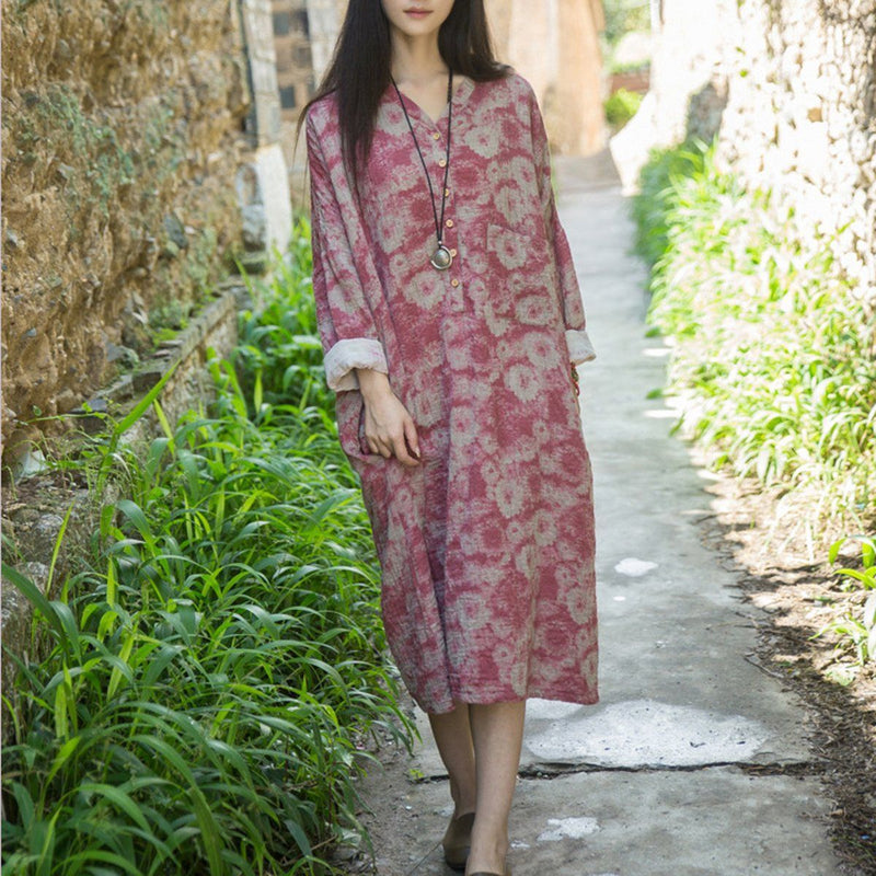 Cotton Linen Loose Fitting Dress Red / Blue
