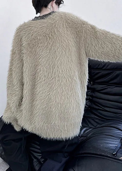 Simple Khaki O Neck Mink Velvet Sweaters Winter
