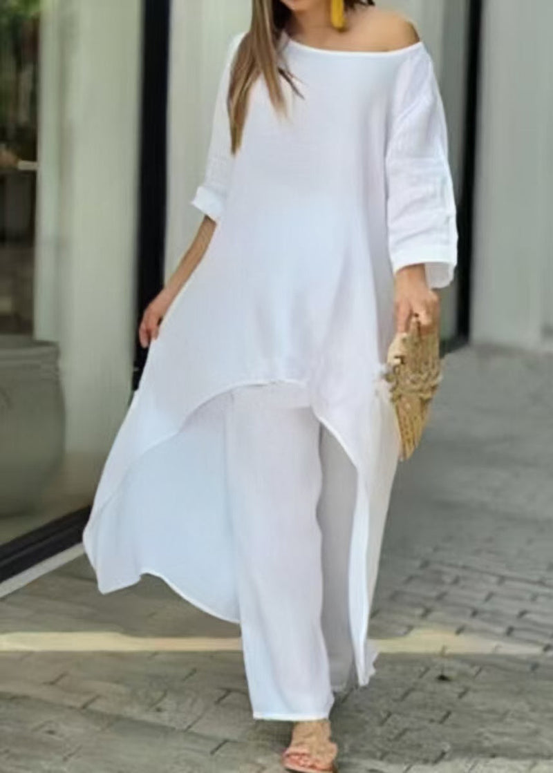 Loose Rose O-neck Asymmetrical Top and Straight Pants Two Pieces Set Summer
