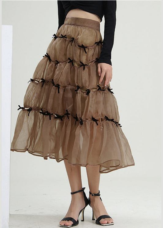Milk Tea Color Bow Wrinkled Skirts Spring