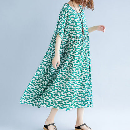 Boutique Green Cotton Linen Dresses Clothing Short Sleeve Baggy Dresses Boutique O Neck Linen Cotton Dress