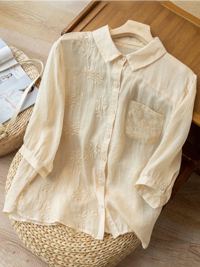 Embroidered 3/4 Sleeve Linen Shirt Top With a Patch Pocket