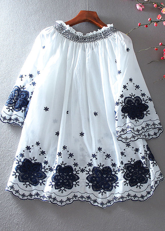 Fitted White Embroidered Cotton a Line Tops Summer