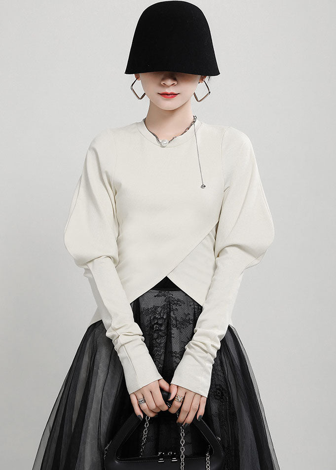 Unique Beige Asymmetrical Cross Color Cotton Pullover Tops Fall