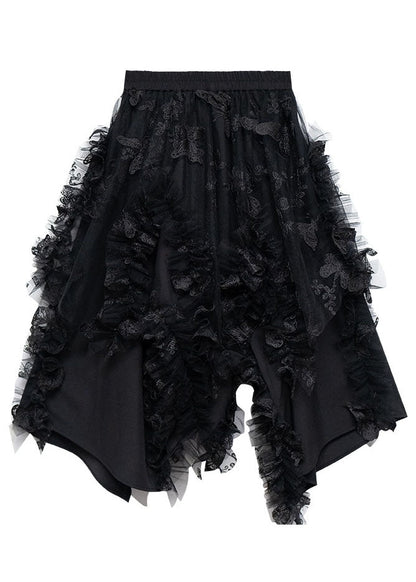 Diy Black Elastic Waist Asymmetrical Design Ruffled a Line Skirts Summer