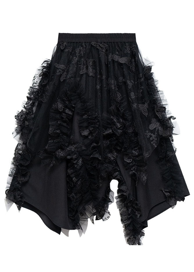 Diy Black Elastic Waist Asymmetrical Design Ruffled a Line Skirts Summer