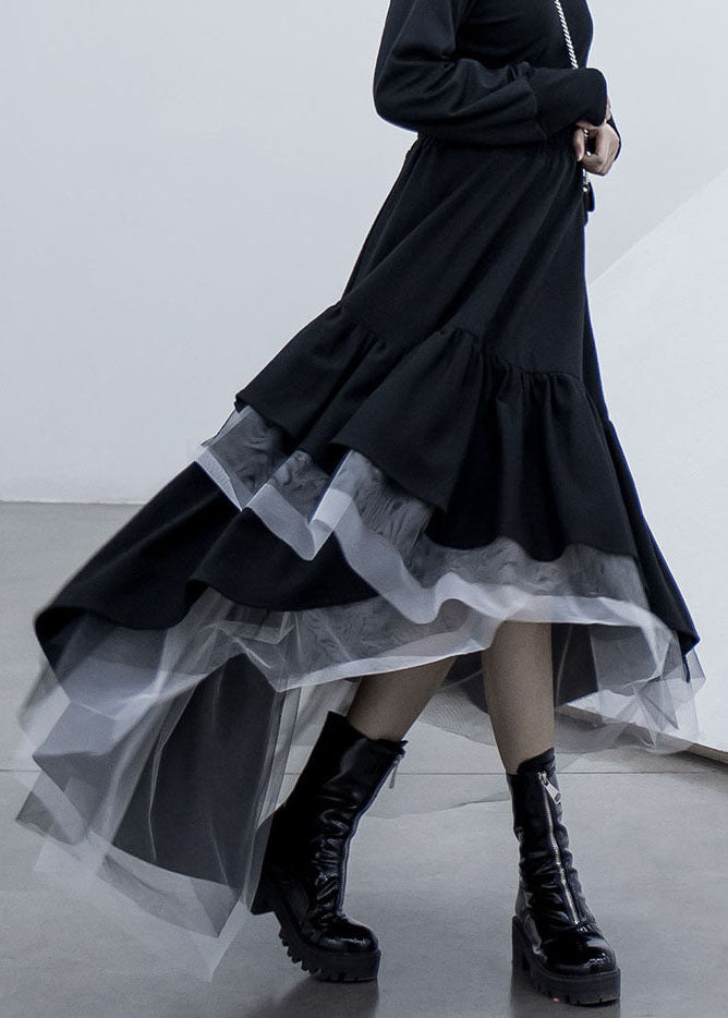 Black Asymmetrical Tulle Patchwork Elastic Waist Cotton a Line Skirt Summer