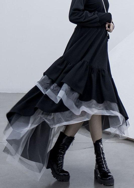 Black Asymmetrical Tulle Patchwork Elastic Waist Cotton a Line Skirt Summer