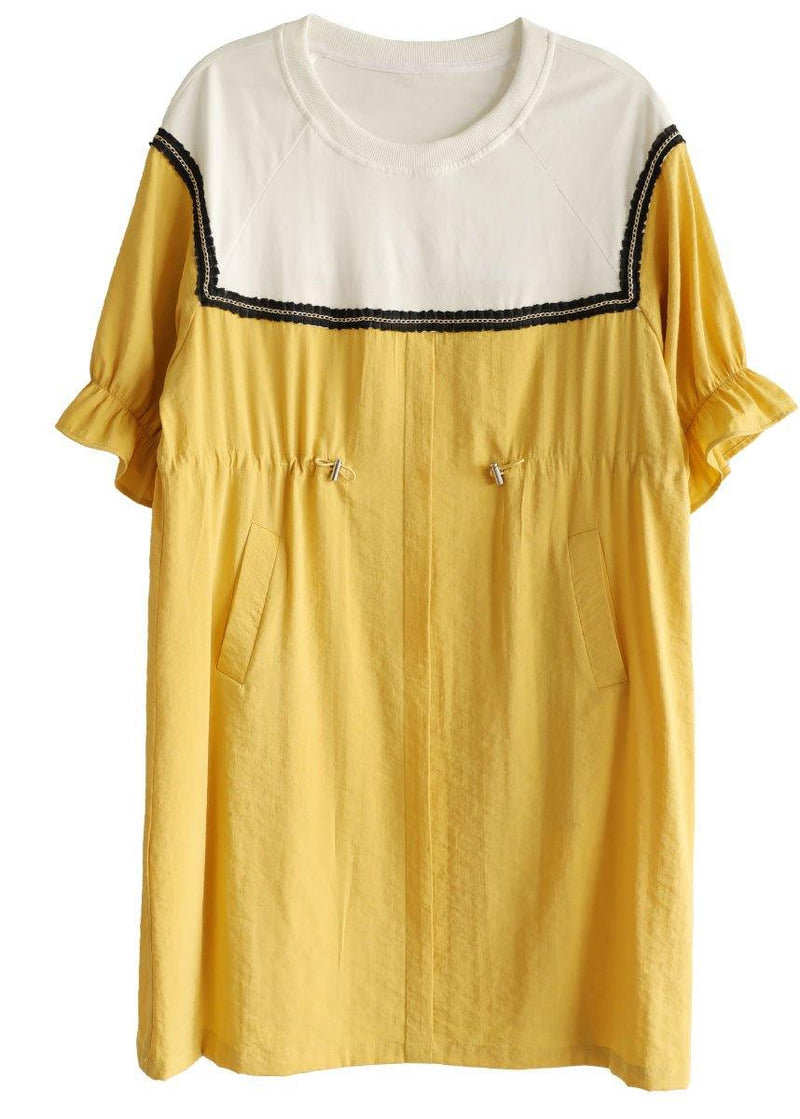 Yellow Tie Waist Pockets Patchwork Summer Vacation Dress Half Sleeve