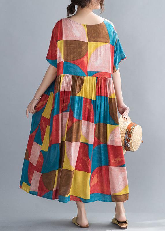 Classy Multicolor Plaid Cotton Clothes O Neck Cinched Kaftan Summer Dress