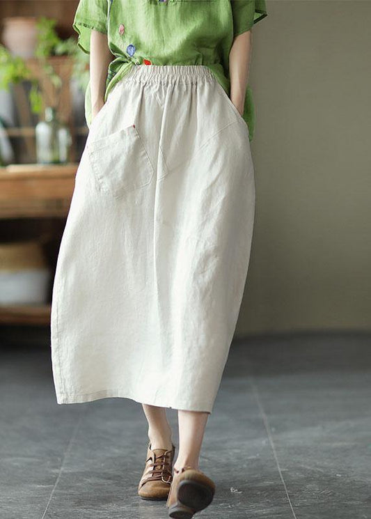 White Patchwork Pockets a Line Skirts Linen