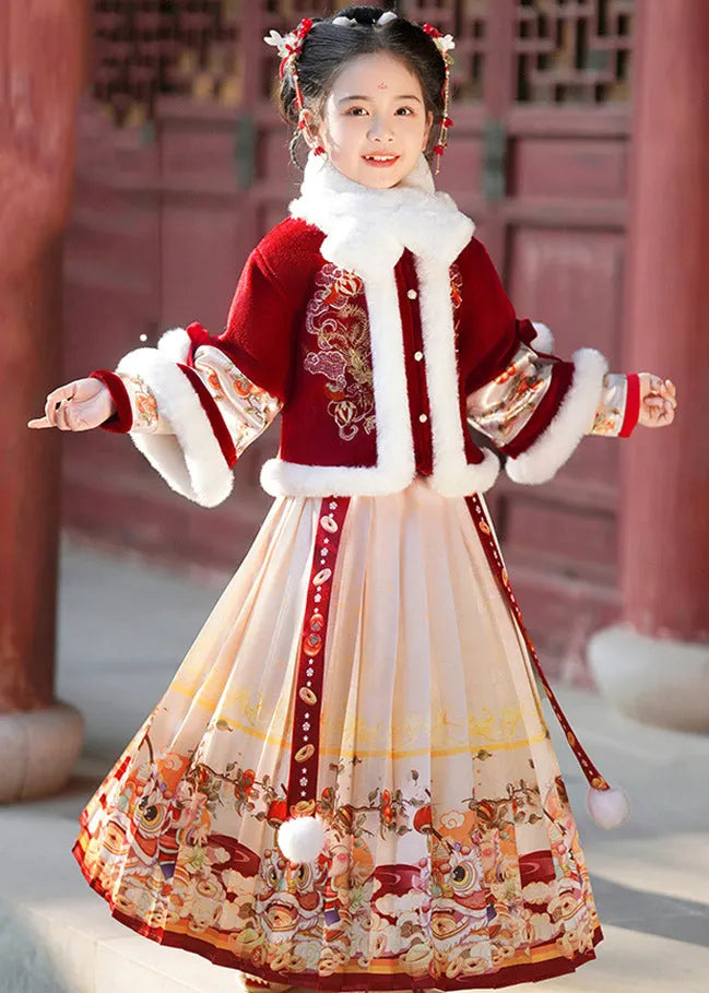 Champagne Fur Collar Button Kids Coats and Maxi Skirts Two Pieces Set Winter