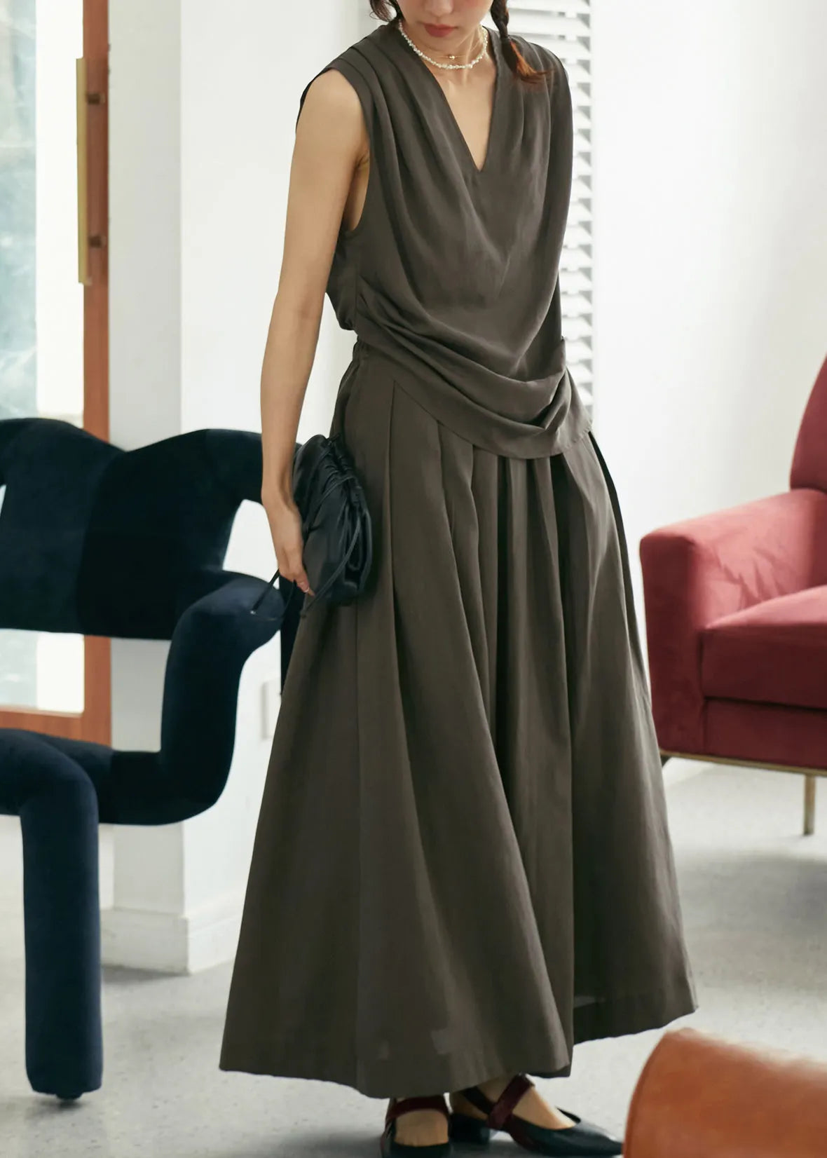 Retro Coffee V Neck Silk Tank Top and Maxi Skirts Two Piece Set Summer