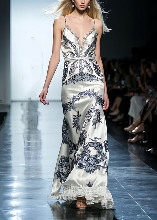 White Print Patchwork Lace Silk Vestidos Dress Summer