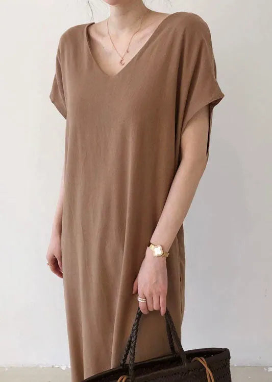 Coffee Side Open Cotton Short Sleeve Long Dresses