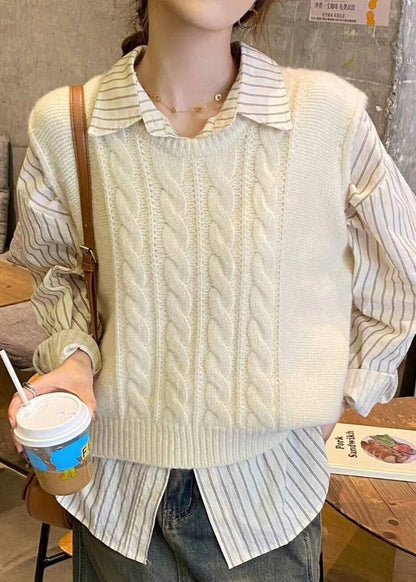 Style Versatile Beige O Neck Knit Vest Tops Sleeveless