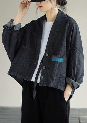 Denim Black Coats V Neck Button Down Spring Coats