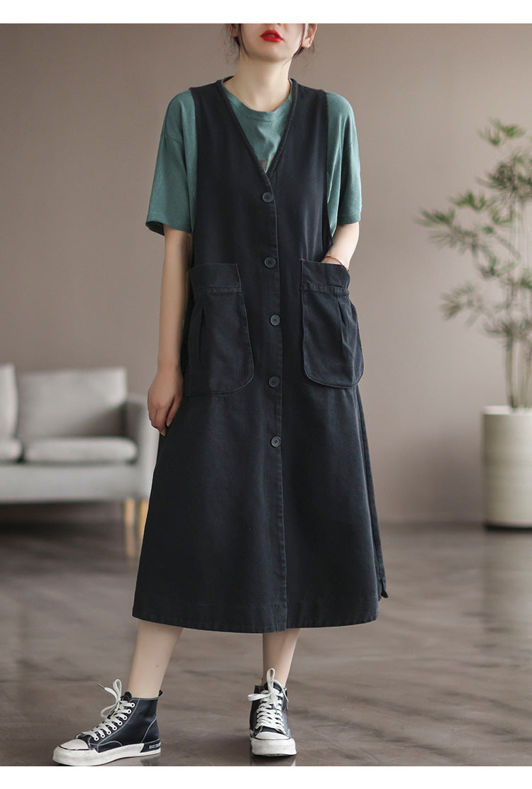 Mid Length Sleeveless Large Pocket V-neck Dress