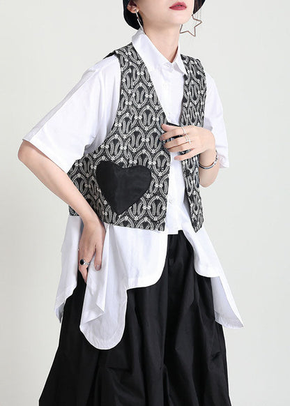 Black V Neck Patchwork Love Applique Print Cotton Vests Sleeveless