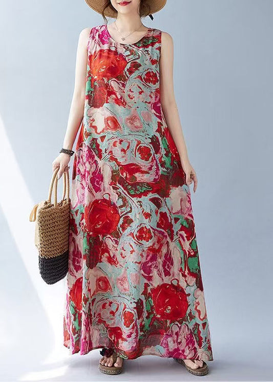 Red Oversized Print Cotton Holiday Dress Sleeveless