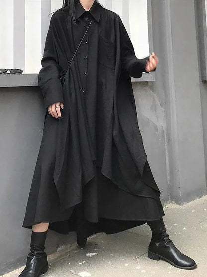 Lapel Asymmetric Cotton for Black a Line Shirt Dresses
