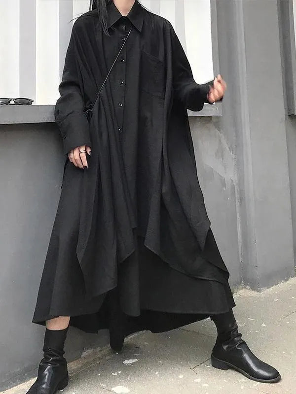 Lapel Asymmetric Cotton for Black a Line Shirt Dresses