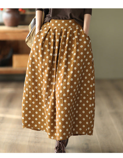 Printed Cotton and Linen Slim Elastic Waist A-line Skirt