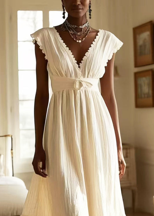 White V Neck Exra Large Hem Cotton Long Dress Sleeveless