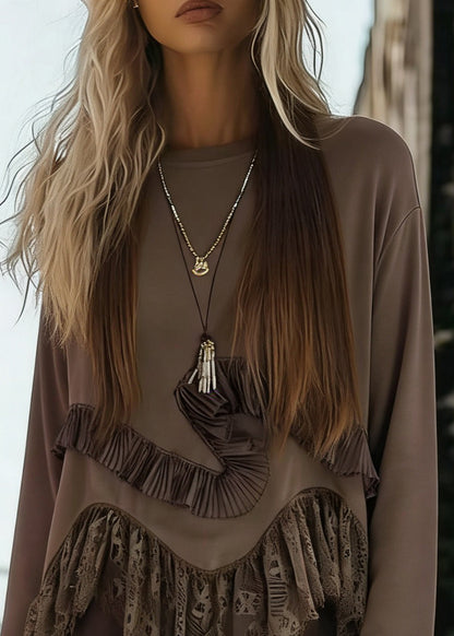Coffee O-neck Lace Patchwork Tops Flare Sleeve