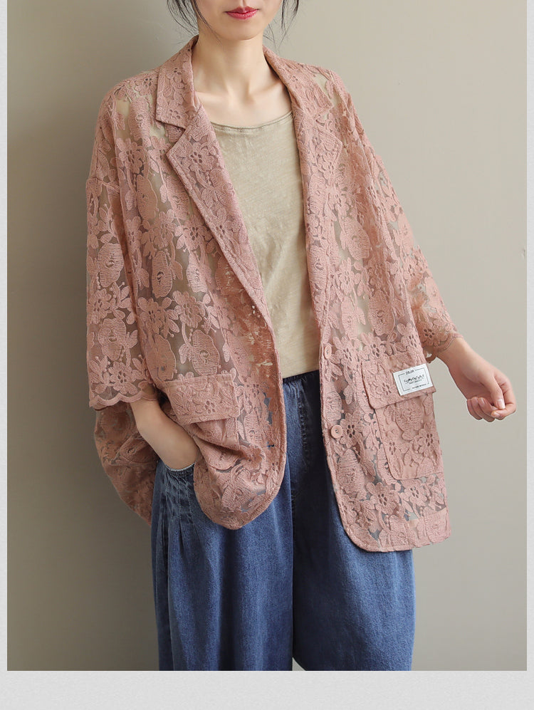 Loose Lace Embroidered Suit Collar Slim Coat