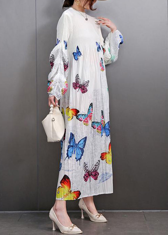 White Print Wrinkled Long Dress Fall